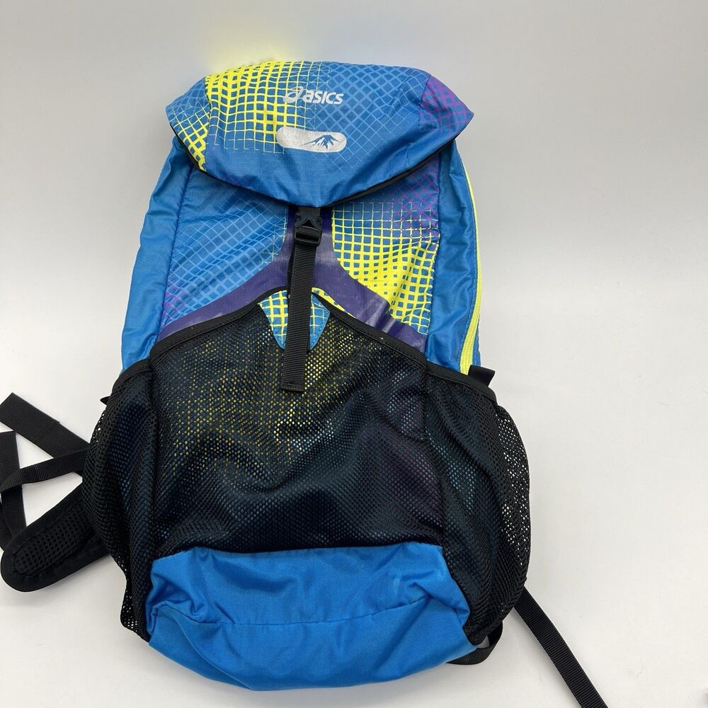 Asics Outta Bounds Backpack Geometric Mesh Blue Neon Yellow Retro Rucksack Hike